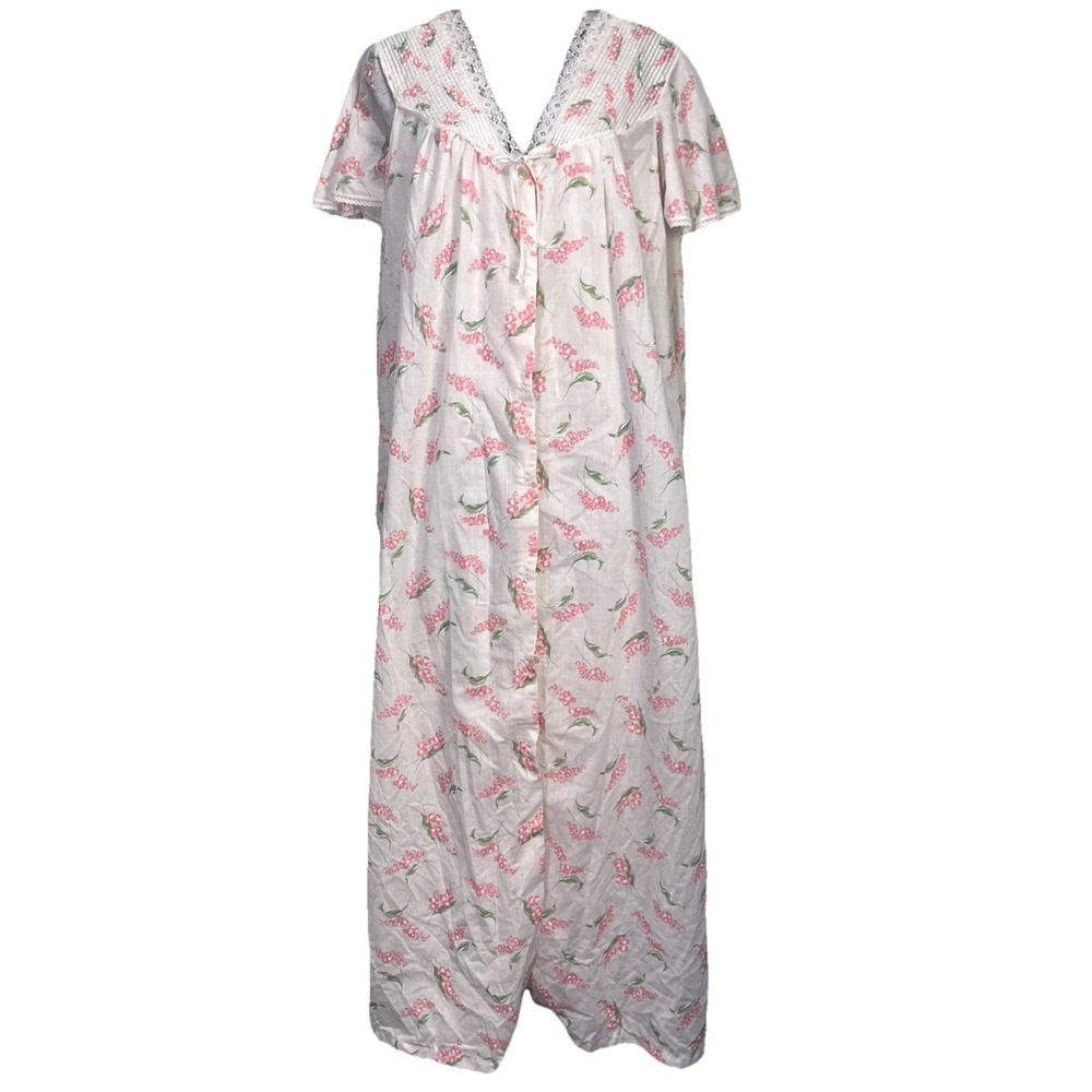 JCPenney Nightgown Women Medium White Pink Floral Vintage Lace Trim Maxi‎ Robe